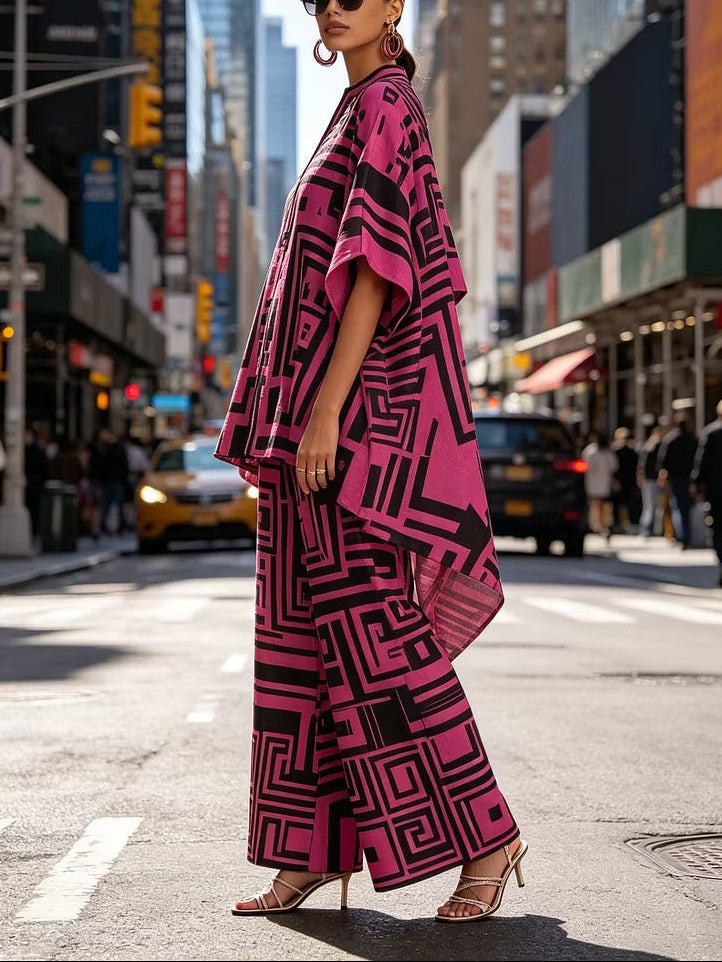 Bold Geometric Print Flowy Kaftan Top & Wide-Leg Pants Set