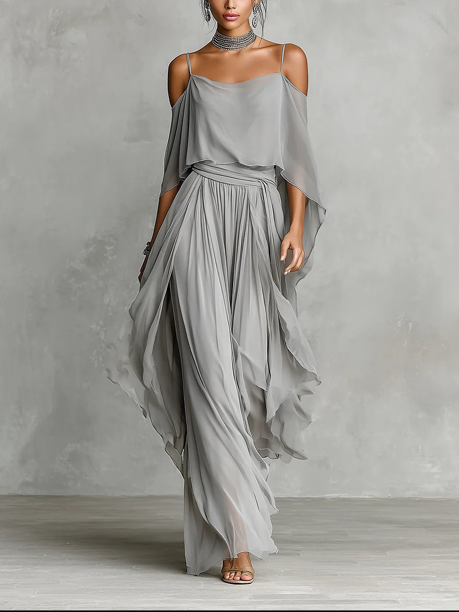 Grey off-shoulder flowy camisole and trousers chiffon set