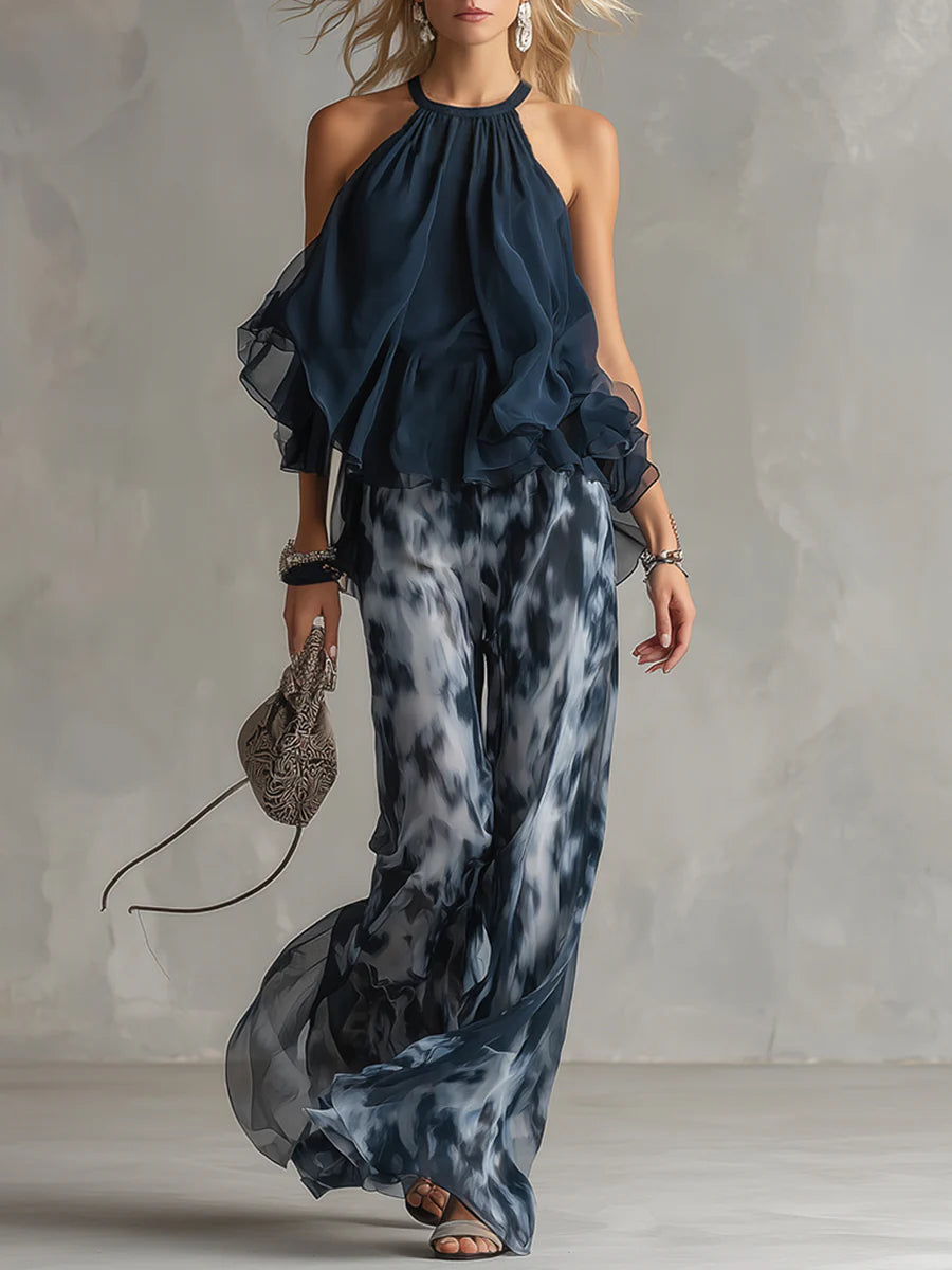 Navy Halter Neck Top And Printed Wide-leg Pants Chiffon Set