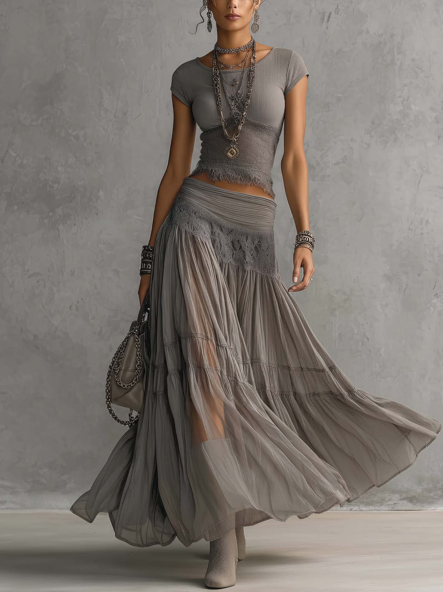 Grey Sheer Lace-Paneled Top and Pleated Maxi Skirt Set