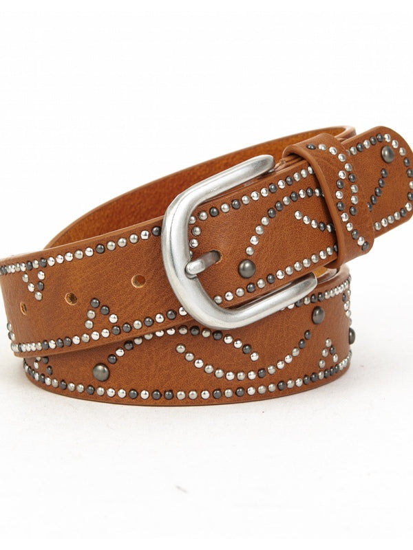 Distressed dark gold cracked PU leather rivet belt