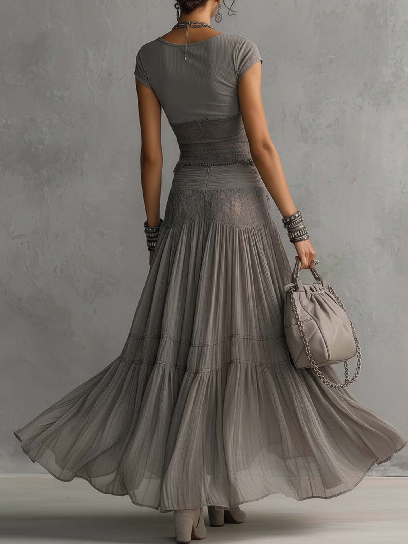 Grey Sheer Lace-Paneled Top and Pleated Maxi Skirt Set