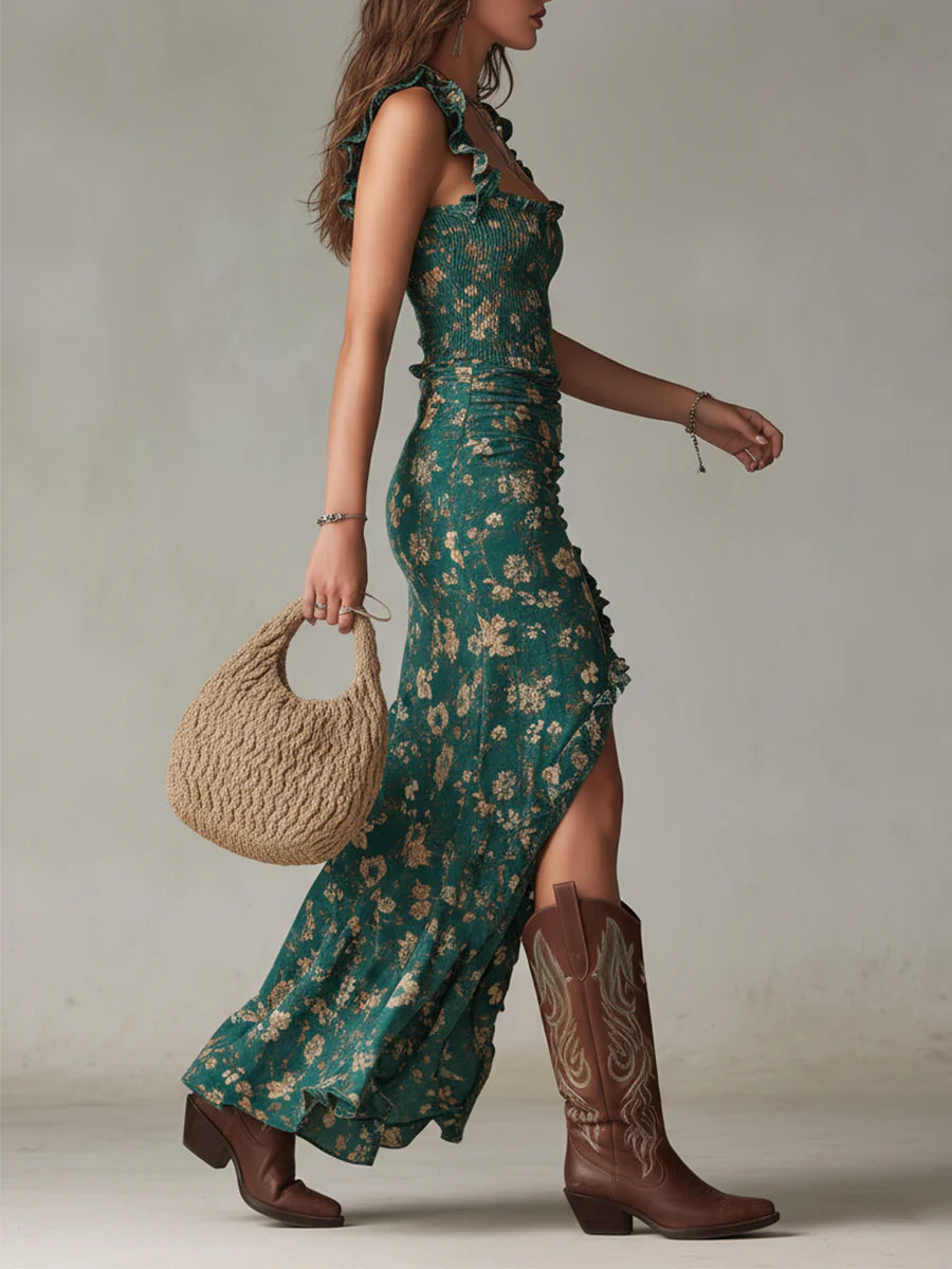 Bohemian Green Printed Maxi Dress with Ruffled Sleeves