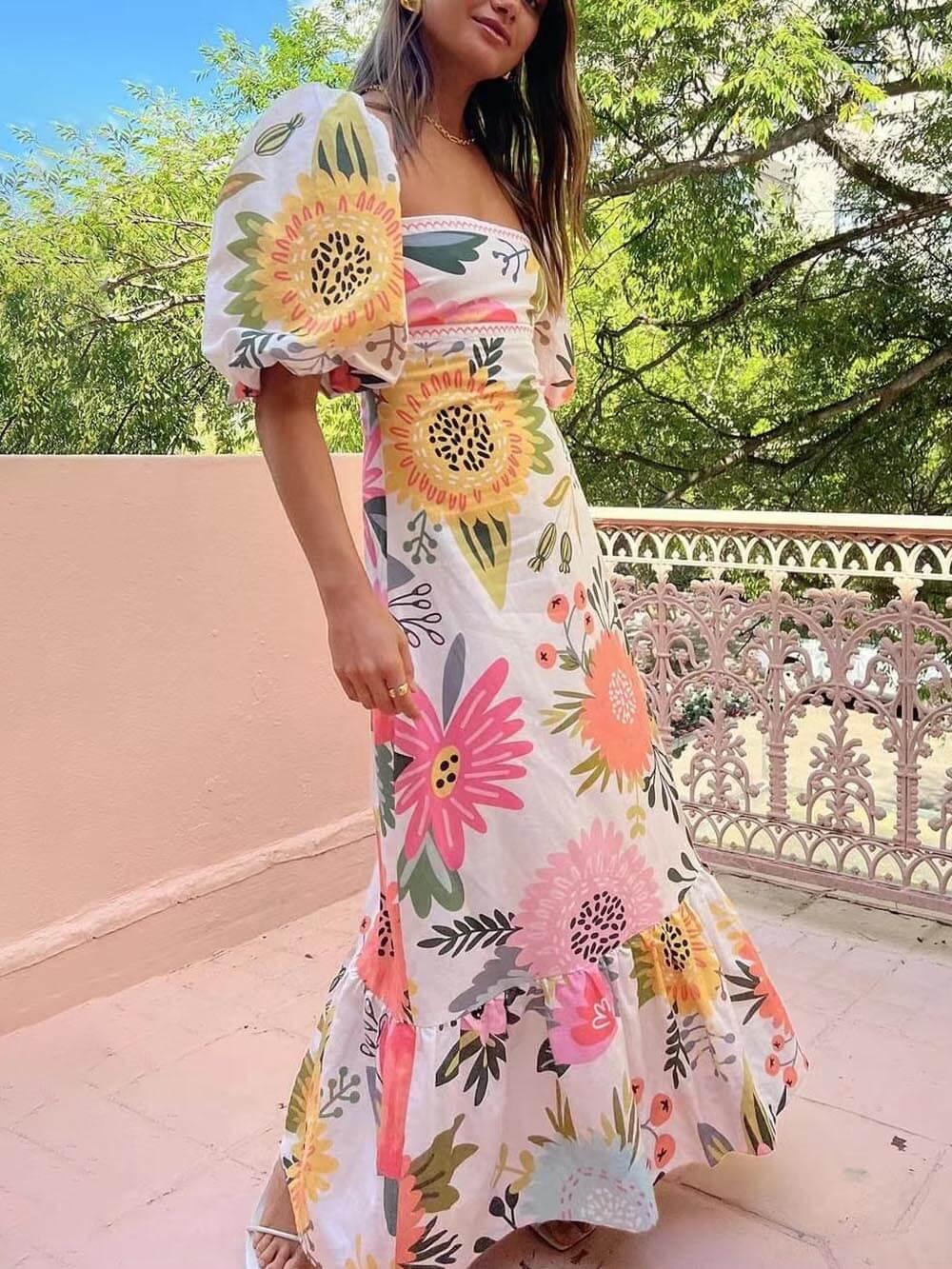 Square Neck Floral Print Bubble Sleeve Maxi Dress