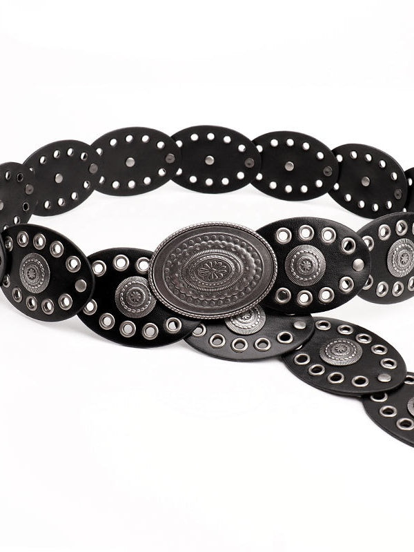 Oval stitching waist belt with large round pattern alloy buckle