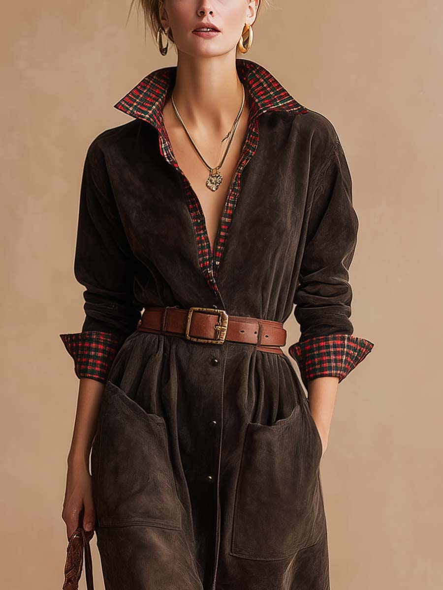 Retro dark brown suede patchwork plaid collared dress(Includes belt)