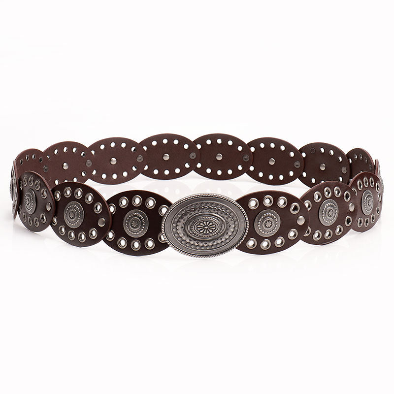 Oval stitching waist belt with large round pattern alloy buckle