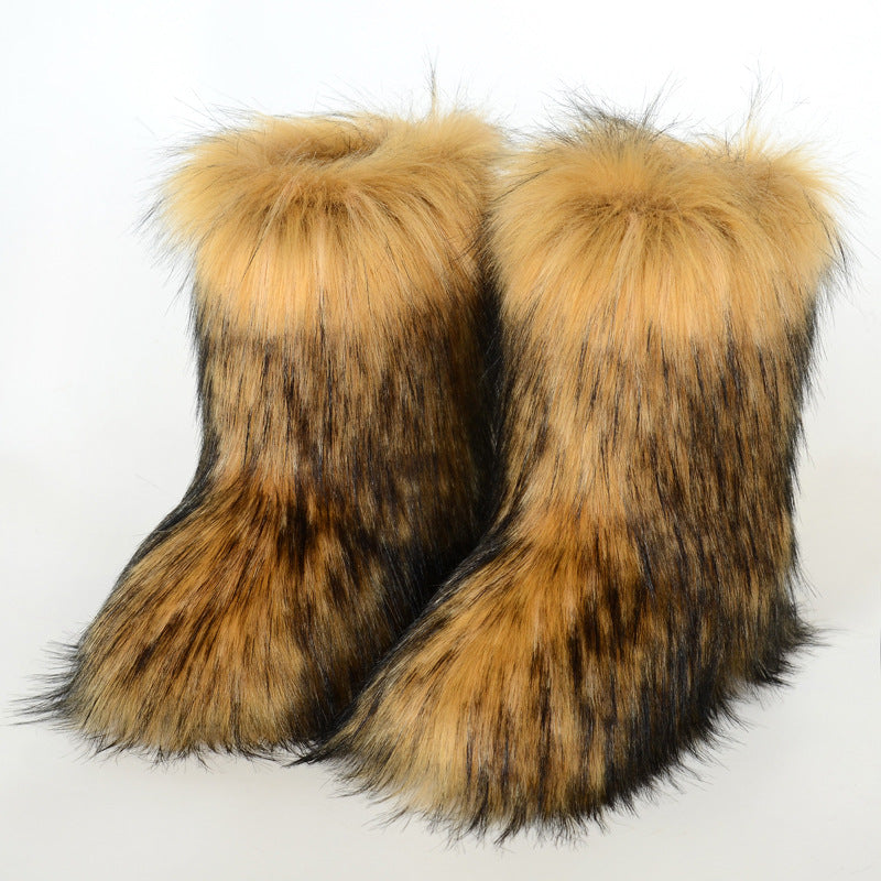 Faux raccoon fur mid-calf boots