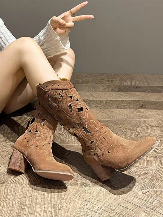 Suede chunky heel embroidered openwork Western boots
