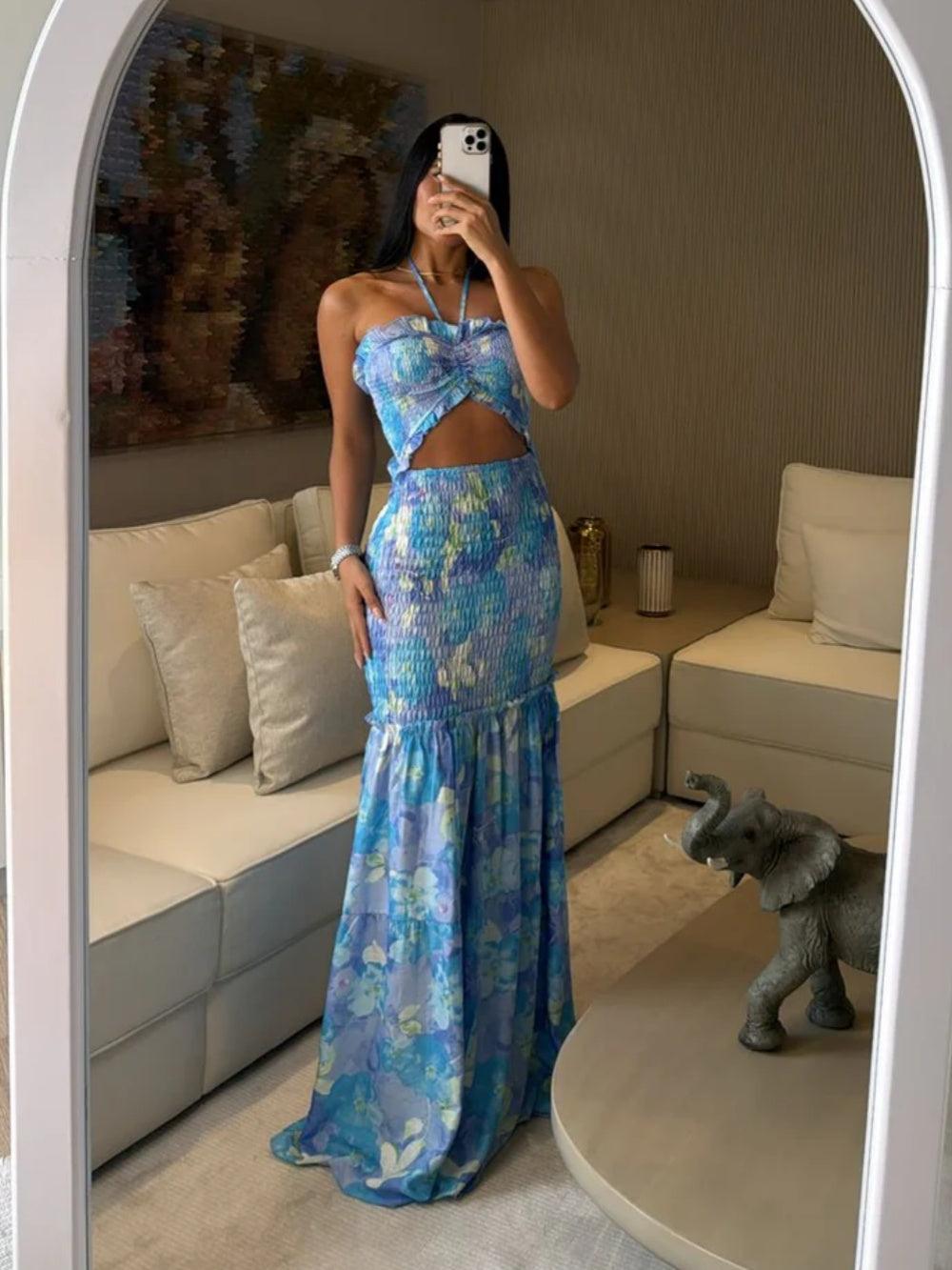 Halter Neck Hollow Print Maxi Dress