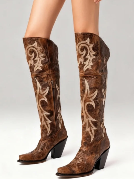 Retro pattern high-heeled thick-heeled high boots