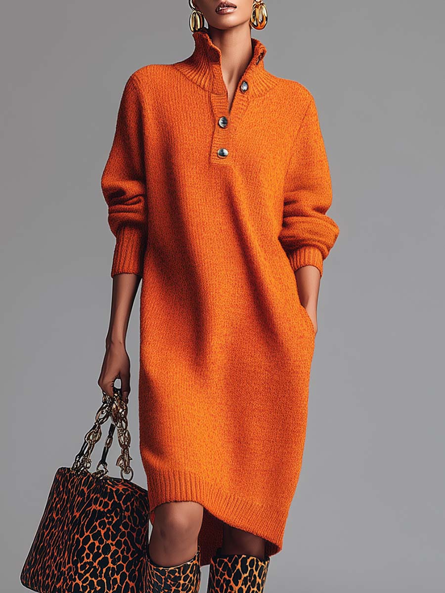 Orange Lapel Button-Front Knit Midi Dress