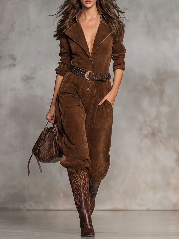 Brown suede jumpsuit with lapel and buttons(Includes belt)