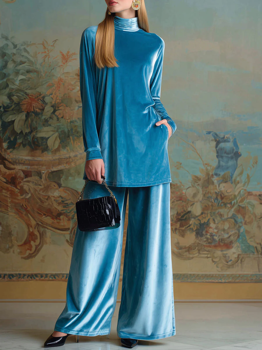High-neck blue velvet loose casual set