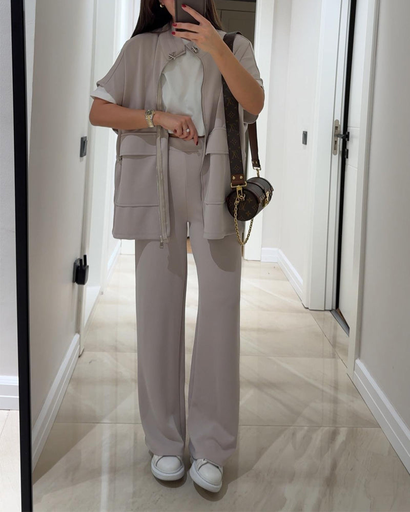 Casual Waist Stretch Detail Top & Pants Two-Piece Set