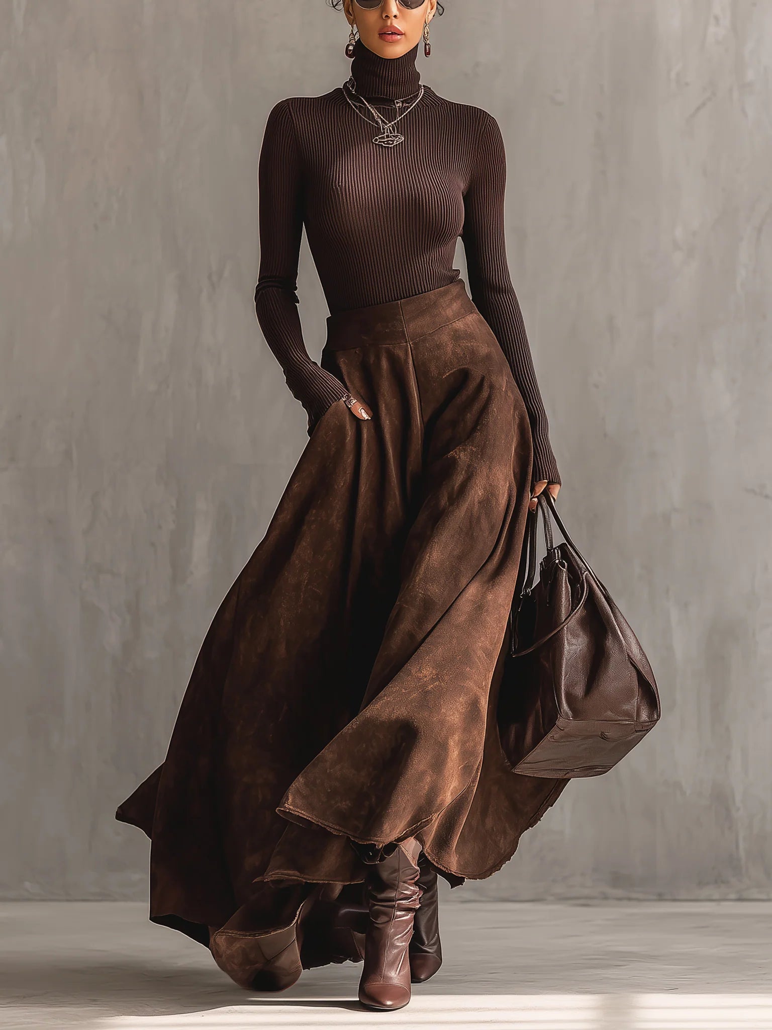 Coffee Distressed Suede Midi Skirt Set