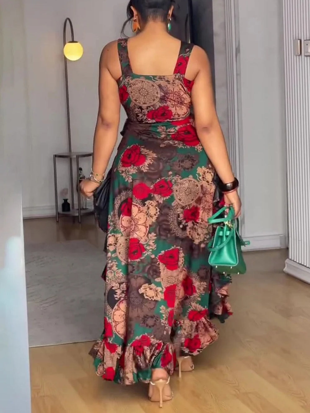 Deep V Neck Sleeveless Floral Print Ruffle Party Maxi Dresses