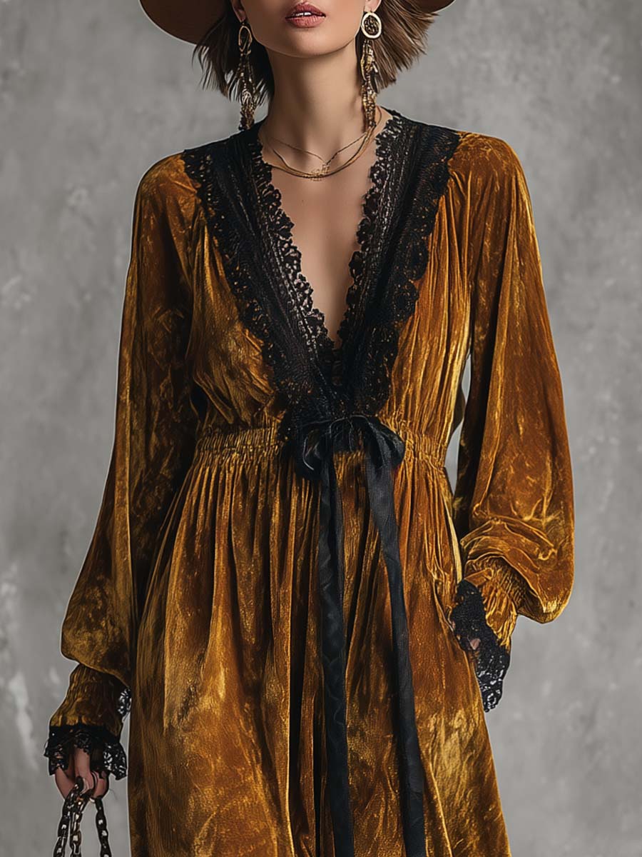 Vintage Lace V-neck Waist Tie Gold Velvet Midi Dress