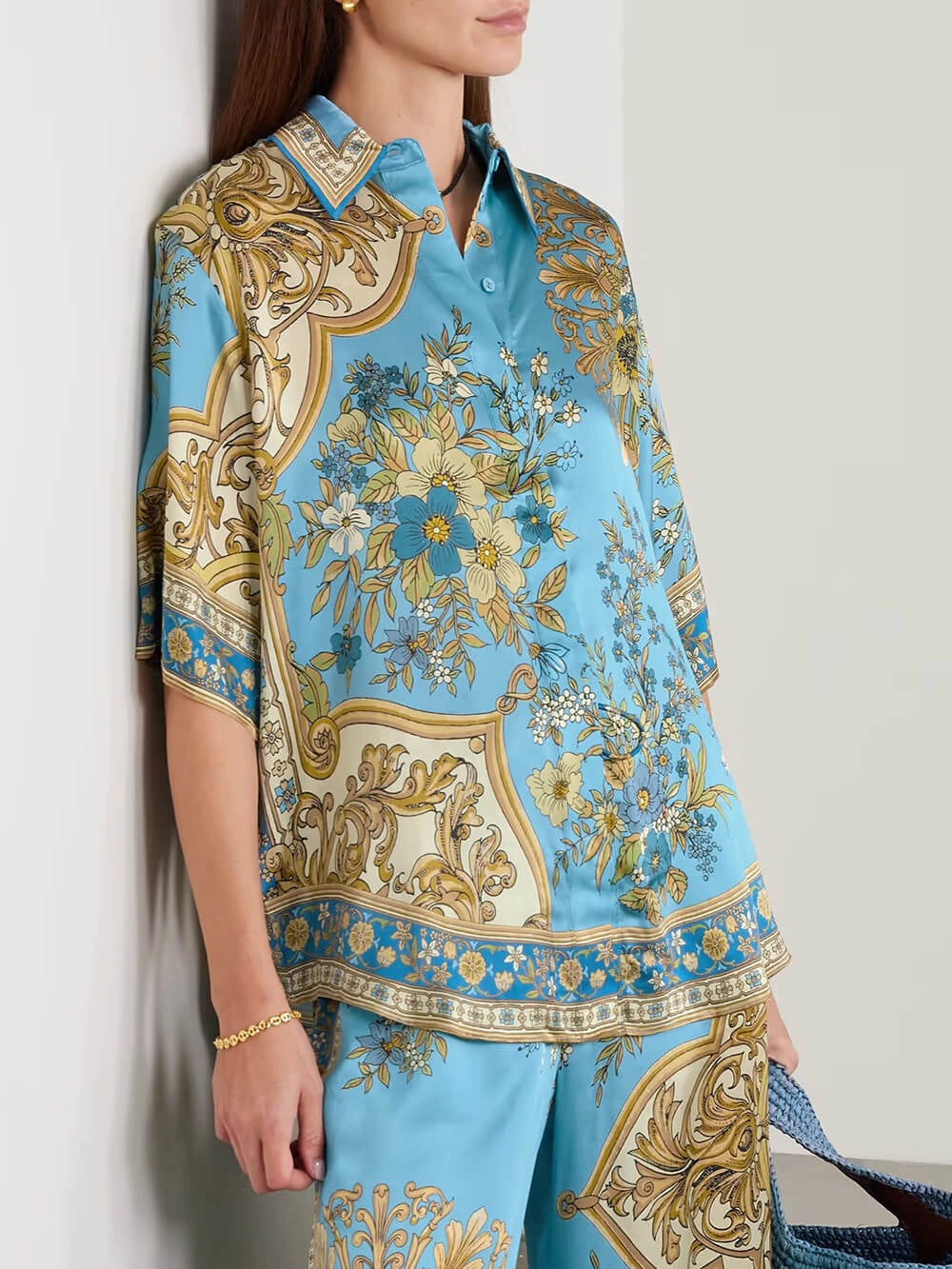 Baroque Floral Print Satin Two-Piece Resort Set