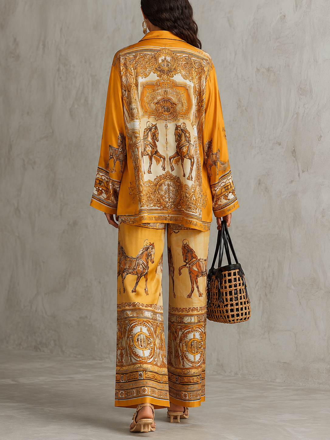 Orange Baroque Print Long Sleeve Shirt & Wide Leg Pants Two-Piece Set