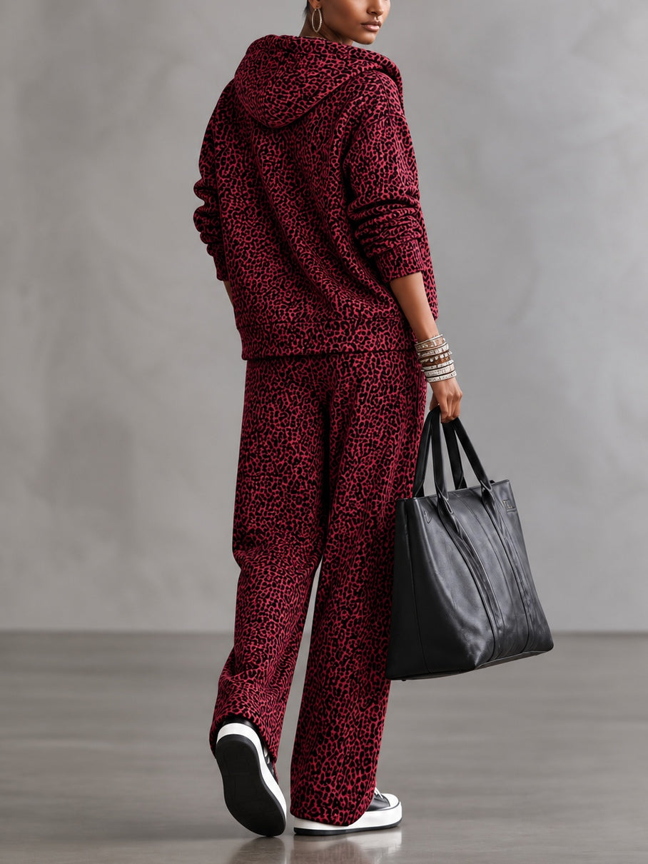 Burgundy Leopard Zip Up Hooded Jacket & High Waist Drawstring Wide-leg Pants Set