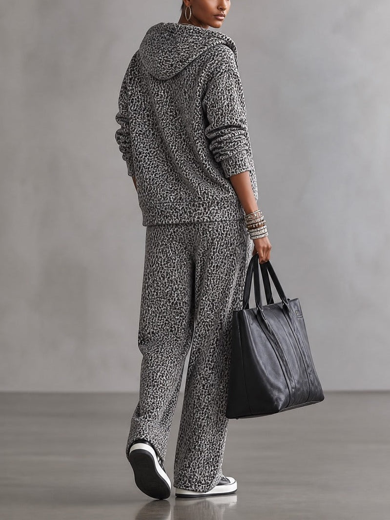Grey Leopard Zip Up Hooded Jacket & High Waist Drawstring Wide-leg Pants Set