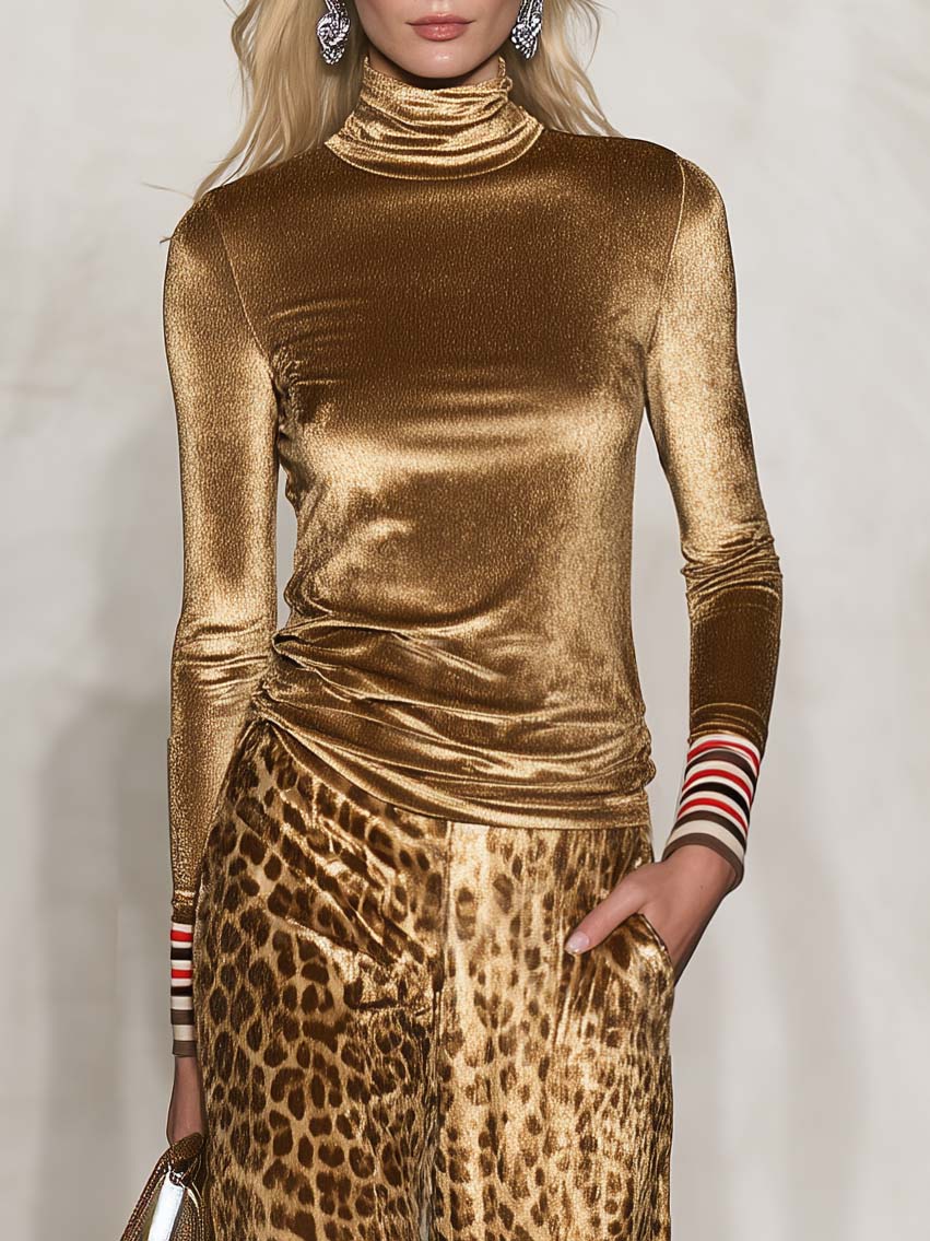 Gold Velvet Turtleneck Top And Leopard Print Wide-leg Pants Suit