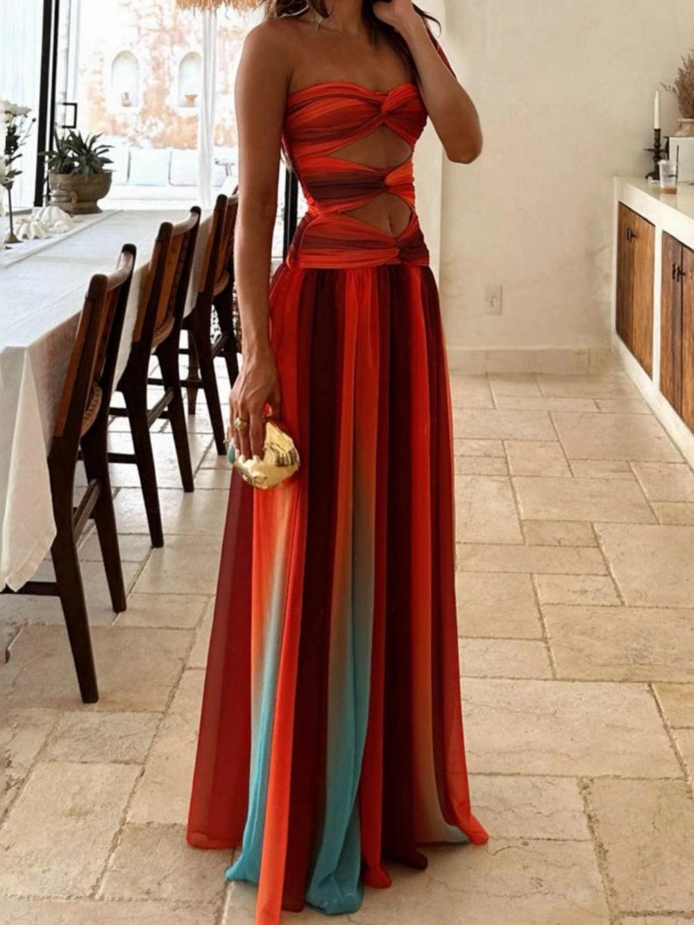 Sexy Gradient Print Hollow Party Maxi Dress