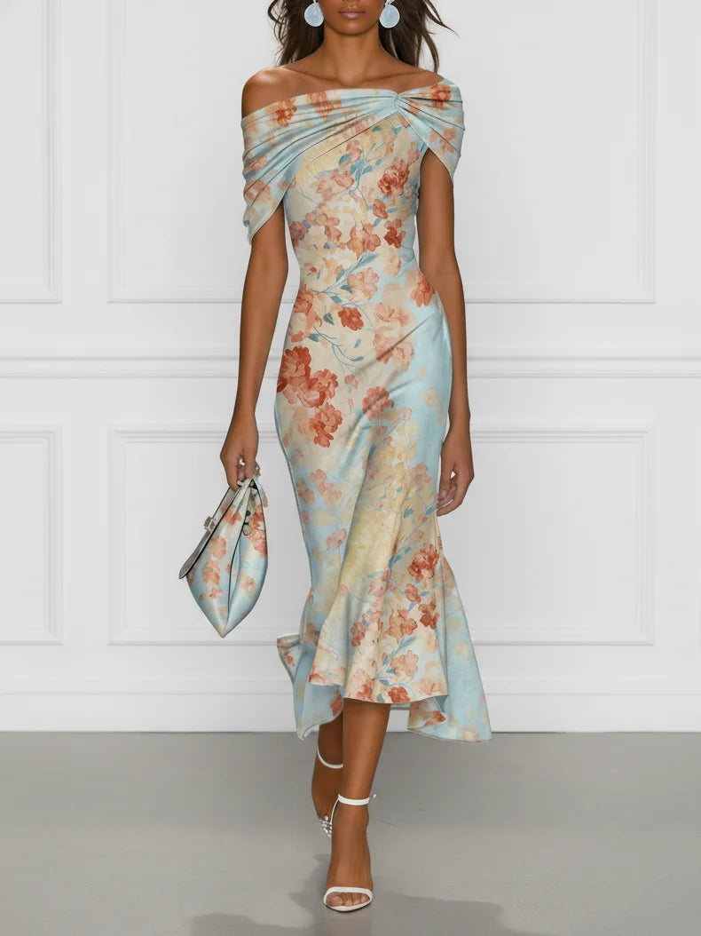 Blue Floral The Shoulder Sleeveless Mermaid Midi Dress