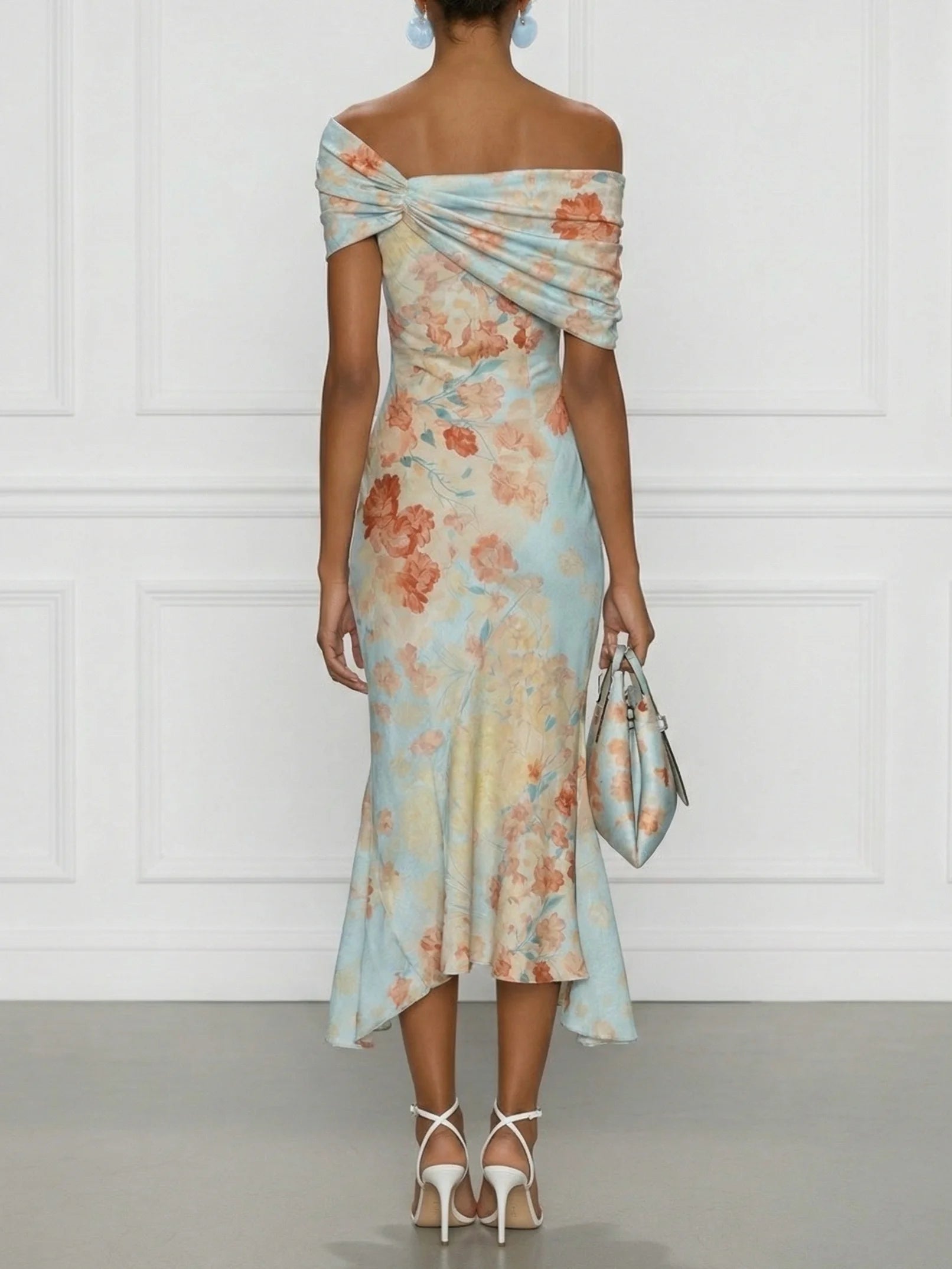 Blue Floral The Shoulder Sleeveless Mermaid Midi Dress