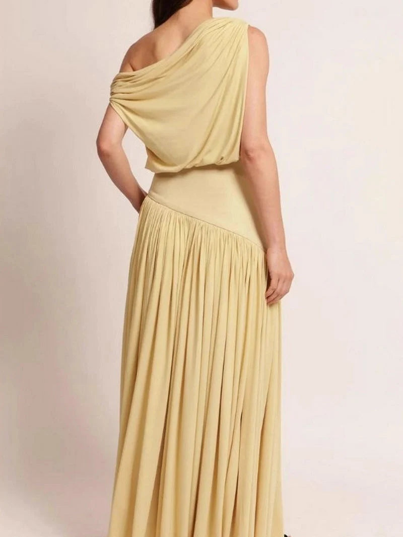 Elegant off-the-shoulder long dress with slanted neckline