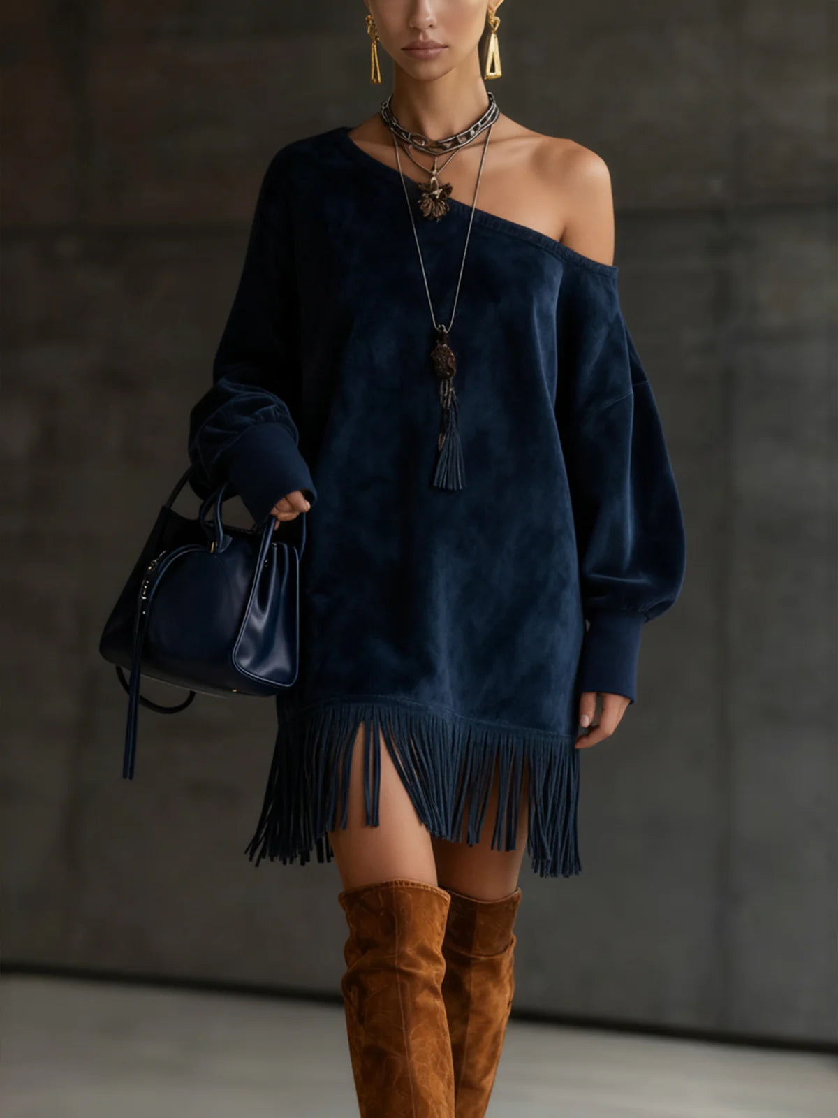 Off-Shoulder Navy Faux Suede Dress With Fringe Hem