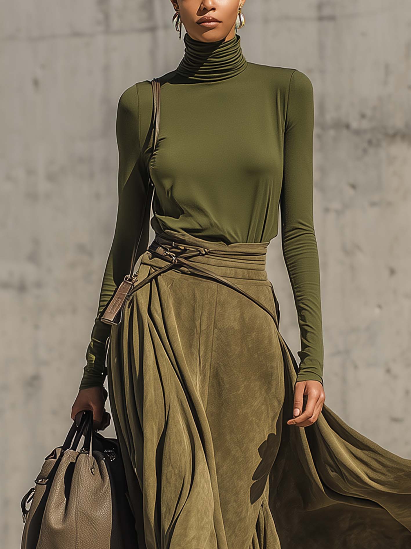 Olive Green Stretch Turtleneck Top And Faux Suede Maxi Skirt Set(Includes belt)