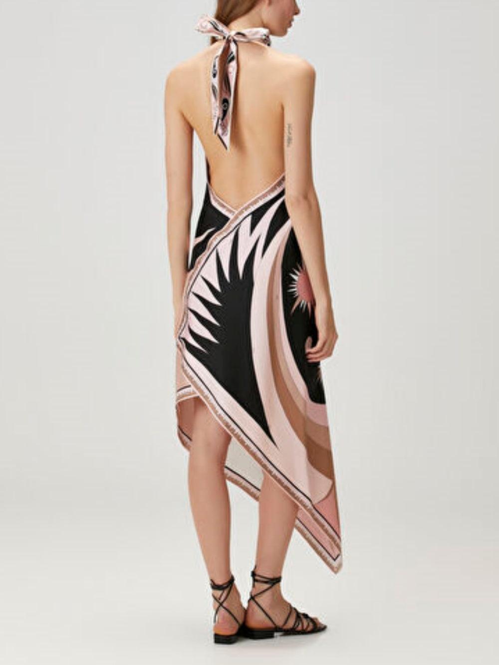 Halter Neck Printed Satin Midi Dress