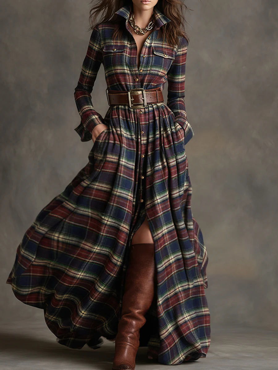 Retro plaid lapel long-sleeved maxi dress (including belt)