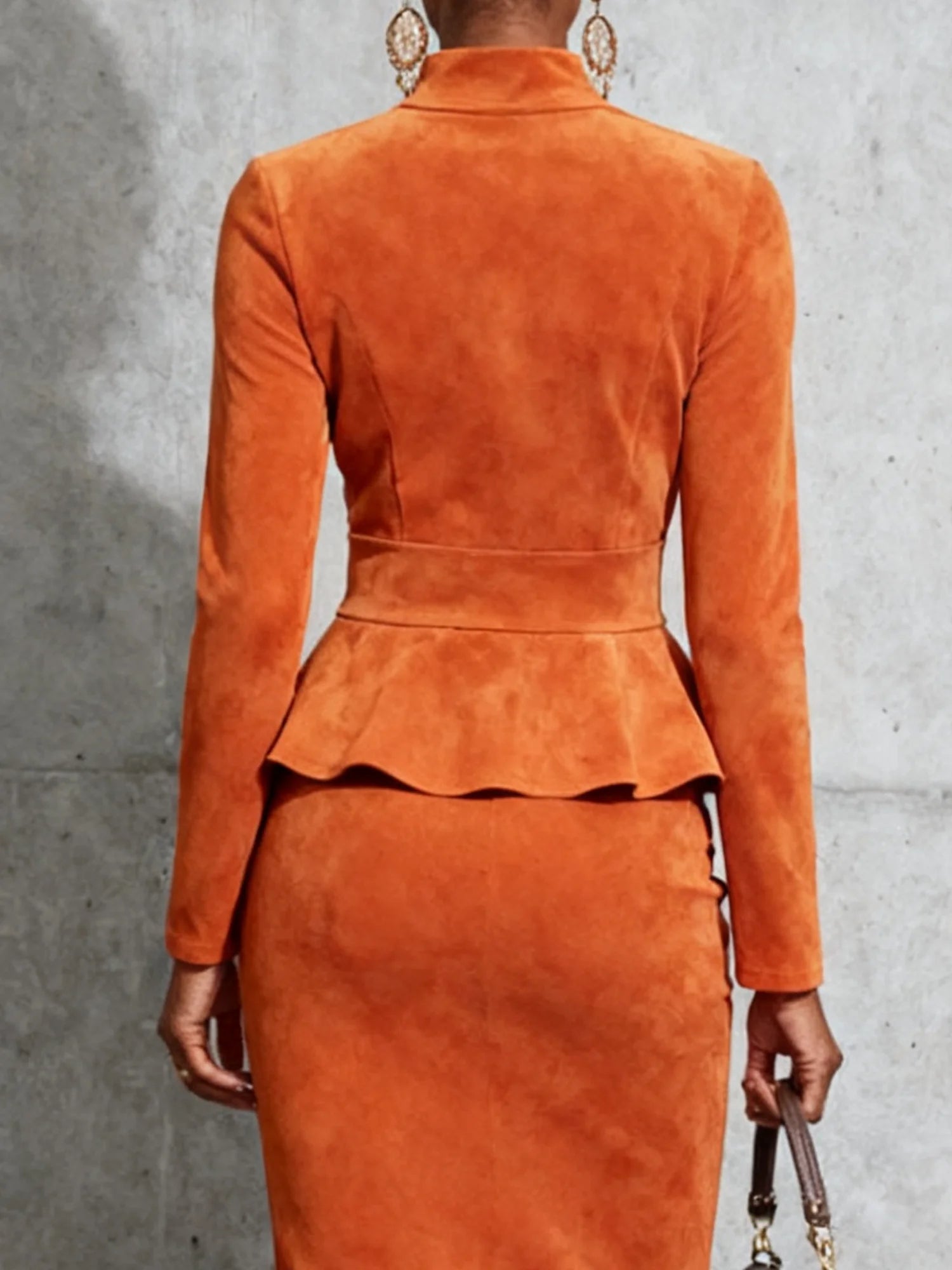 Simple suede stand-up collar top and skirt set