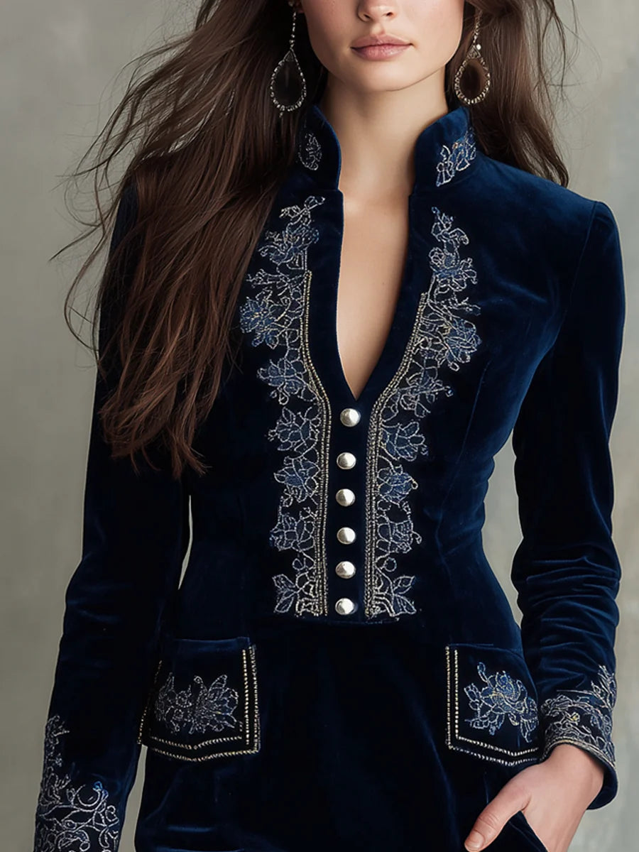 Vintage Embroidered Fitted Velvet Mini Dress