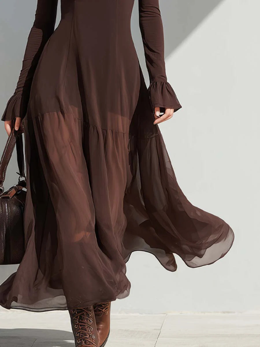 Vintage Square-neck Sheer Sleeves Flare Midi Dress