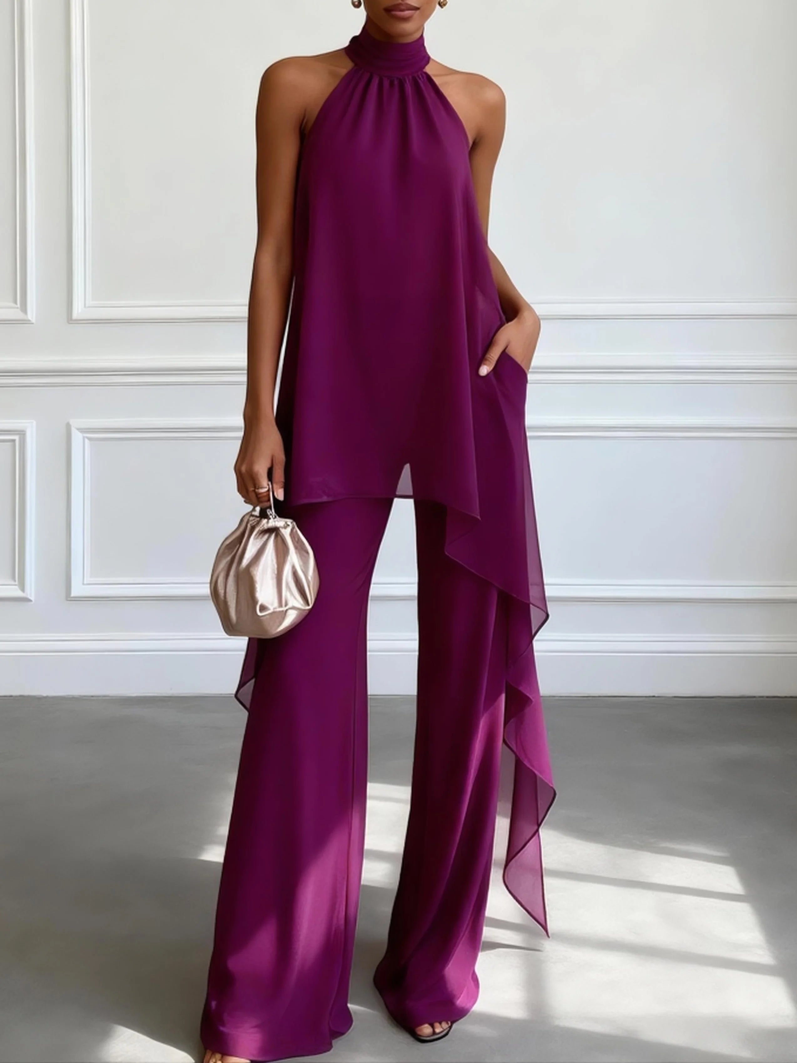 Purple Halter Sleeveless Elegant Top With Pants Two-Piece Set