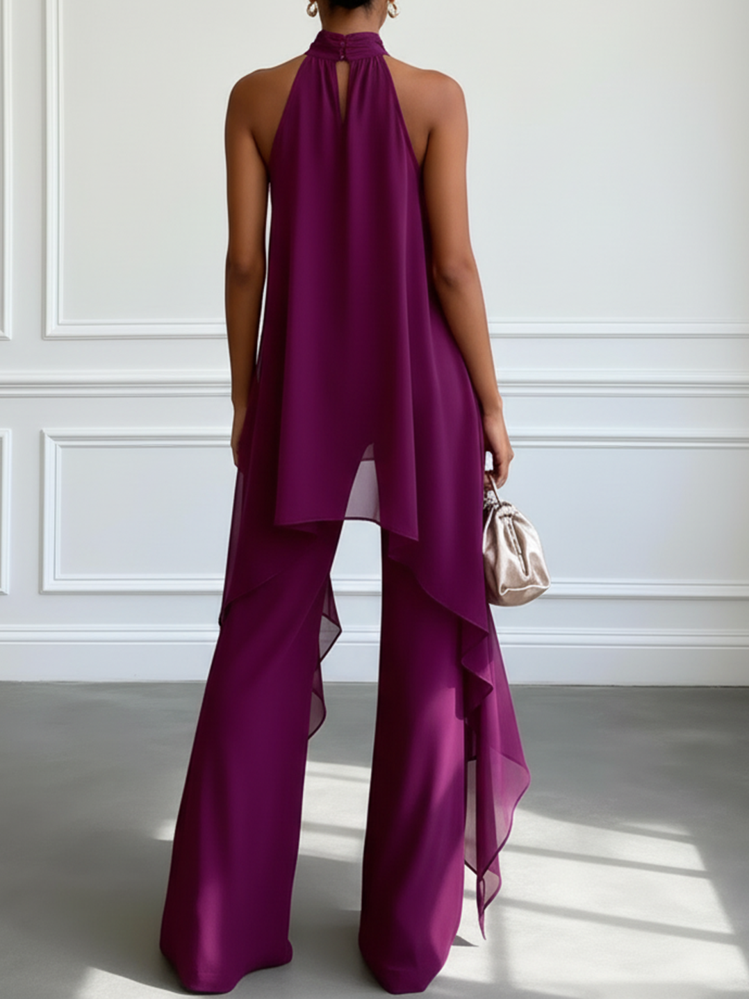 Purple Halter Sleeveless Elegant Top With Pants Two-Piece Set
