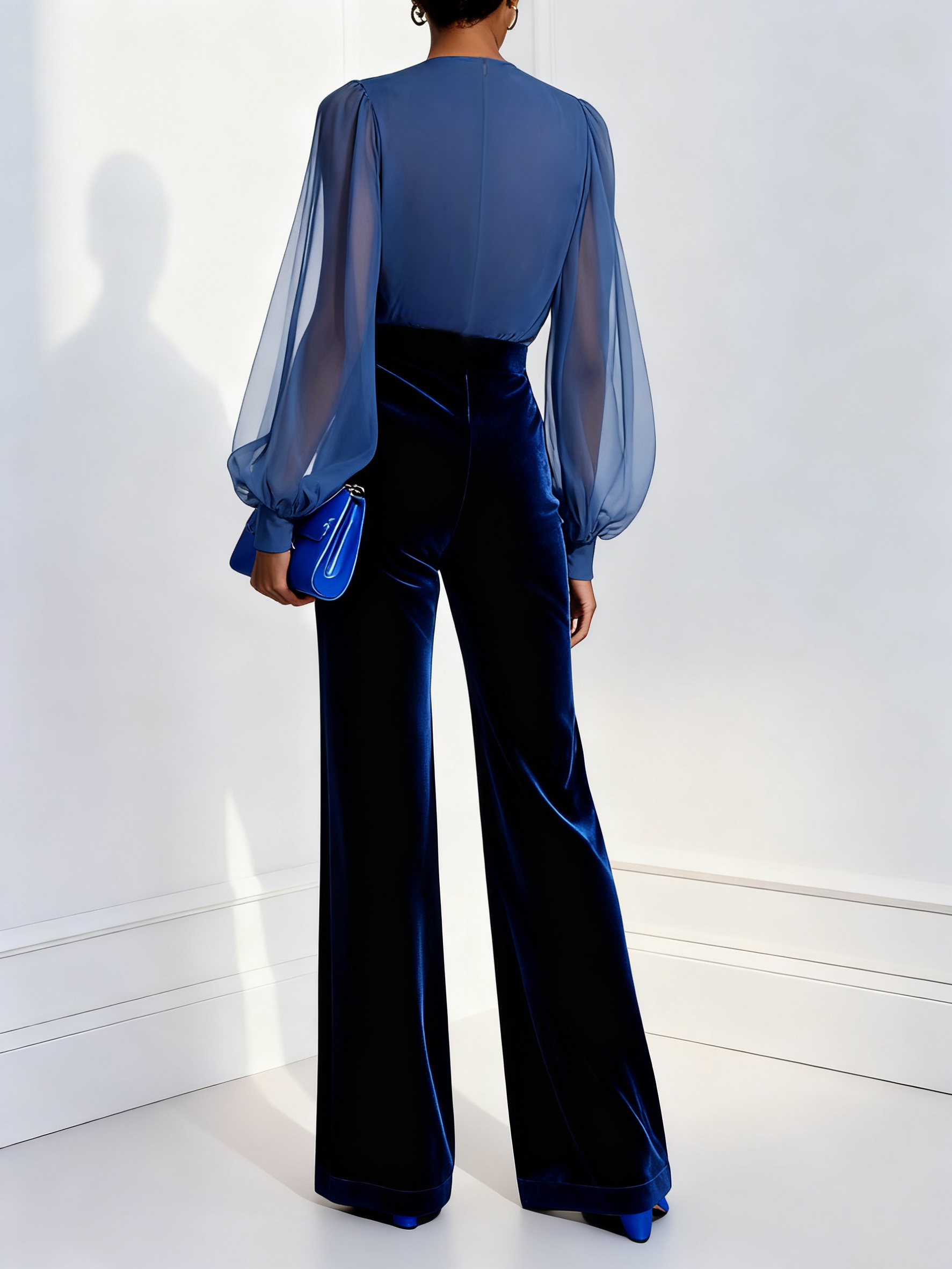 Blue mesh V-neck long-sleeved velvet jumpsuit