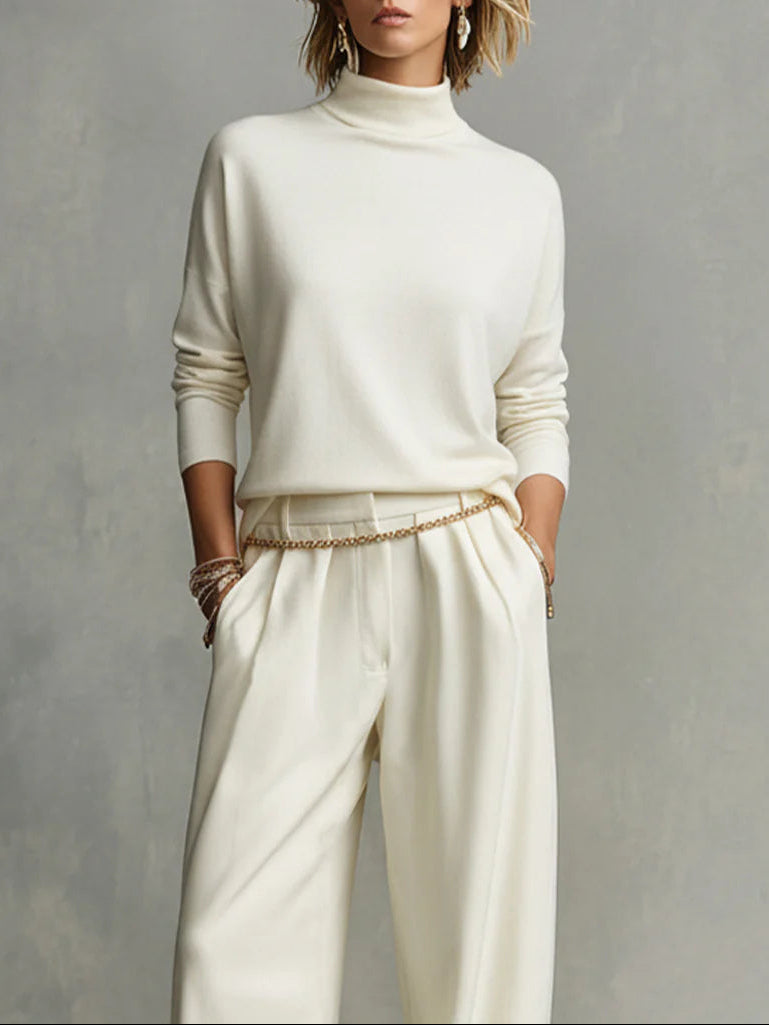 Soft turtleneck top and flowing wide-leg pants set (including waist chain)
