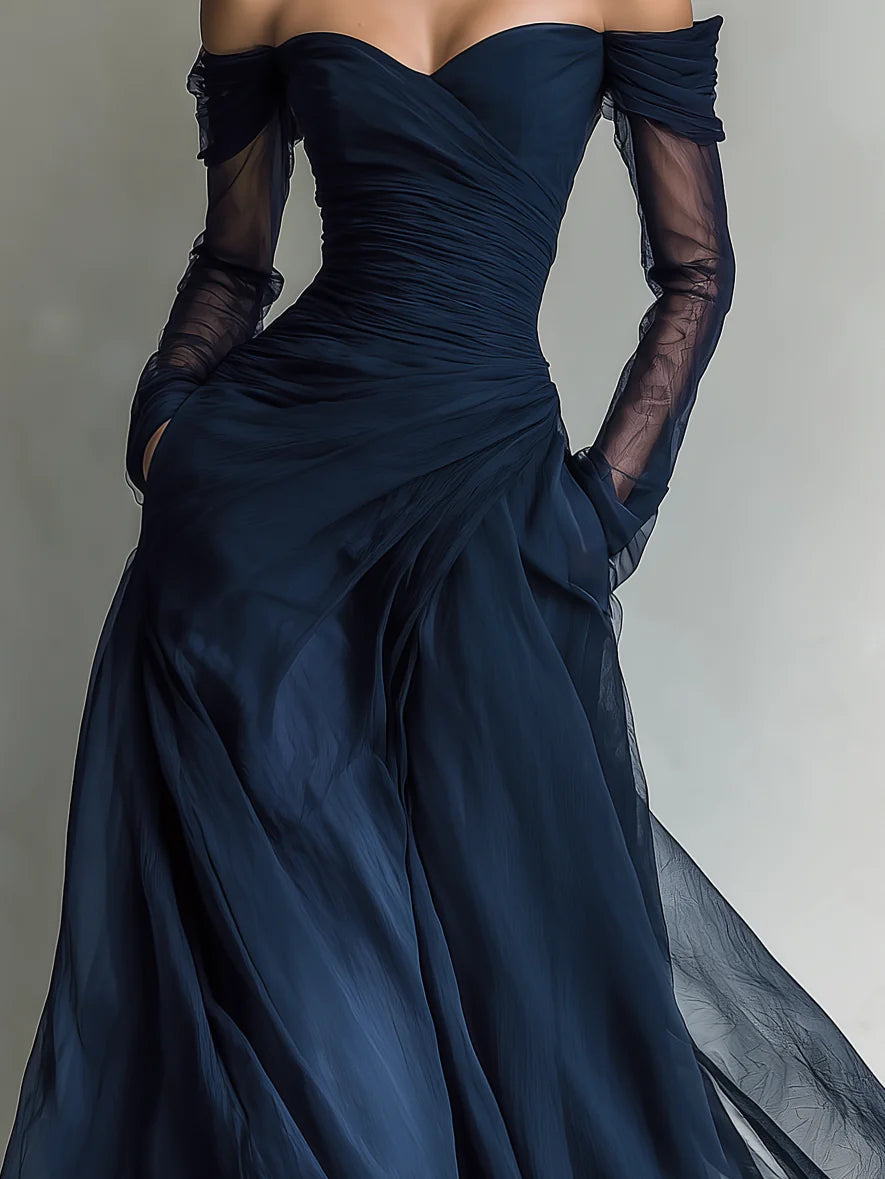 Elegant Navy Organza Off-Shoulder Fitted Maxi Dress