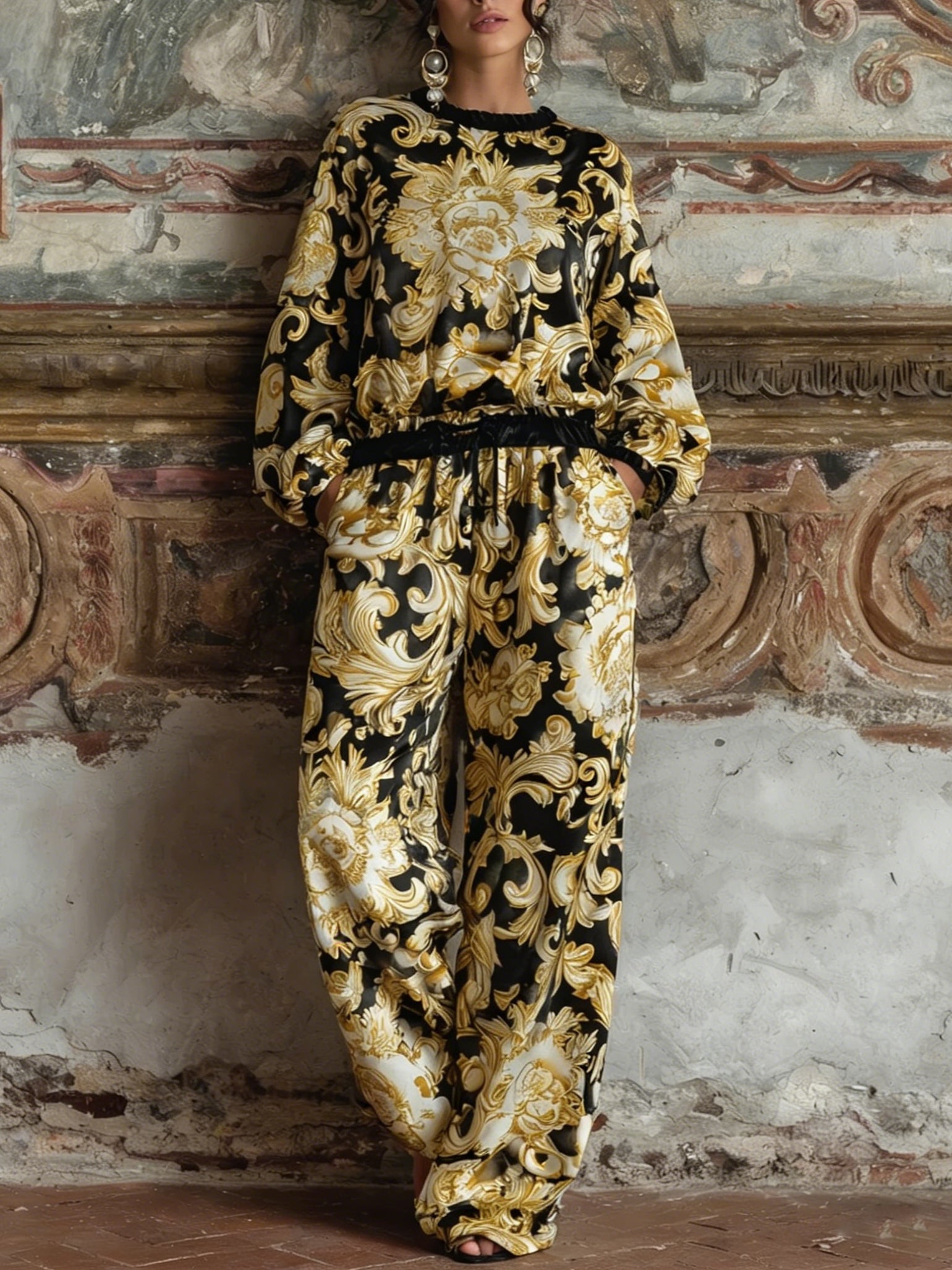 Baroque Floral Print Long-sleeved Top And Wide-leg Pants Loungewear Set