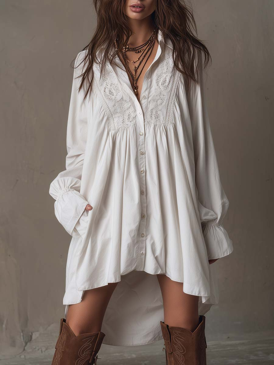 White Lace Irregular Hem Long-sleeved Mini Dress
