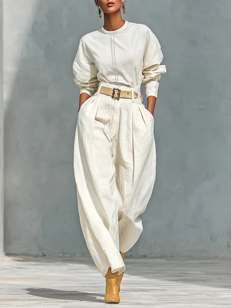 Off-white Crew Neck Long-sleeved Shirt And Loose-fitting Trousers Suit(with belt)