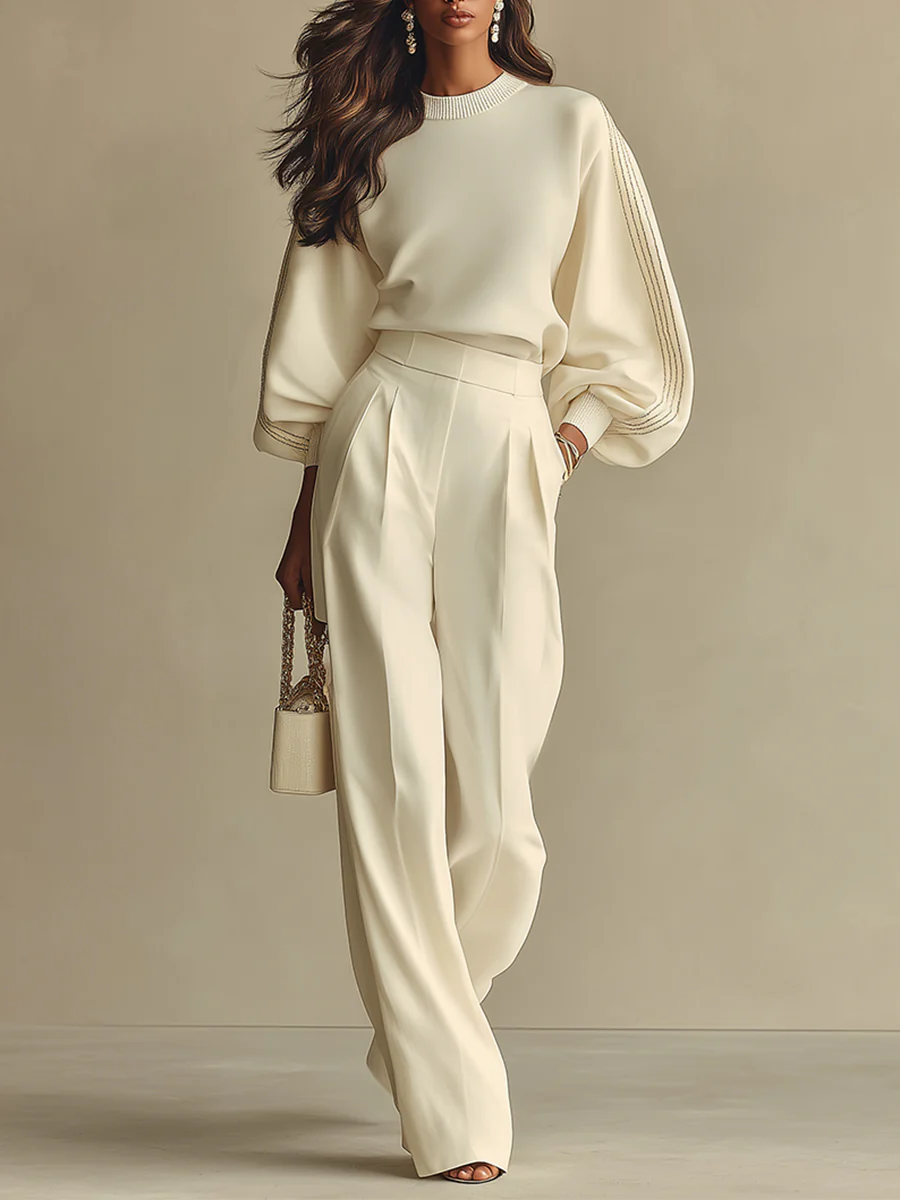 Ivory Ribbed Crew Neck Top And High-waisted Wide-leg Pants Suit