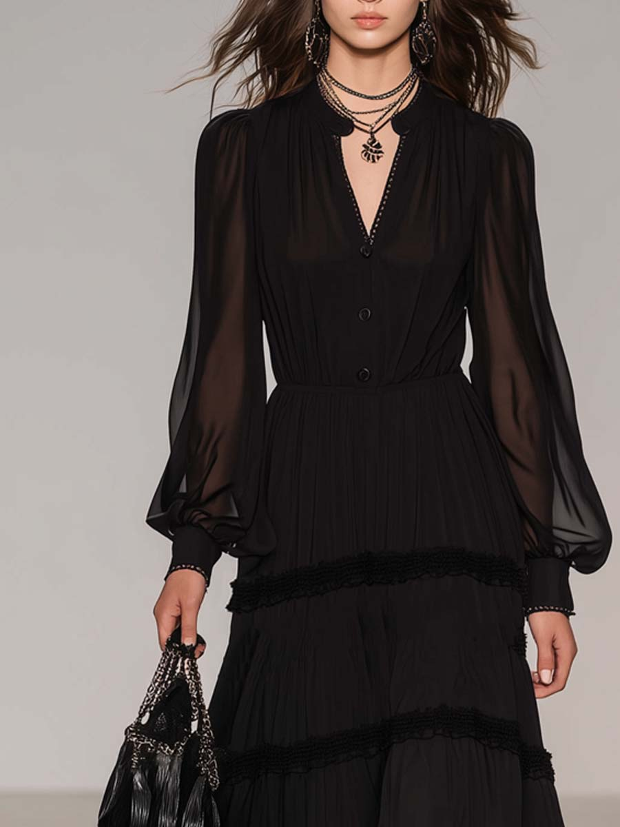 Black Henley Collar Sheer Sleeves Lace Trim Maxi Dress