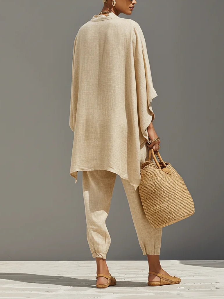 Light Khaki Minimalist Asymmetrical Hem Top And Jogger Pants Suit