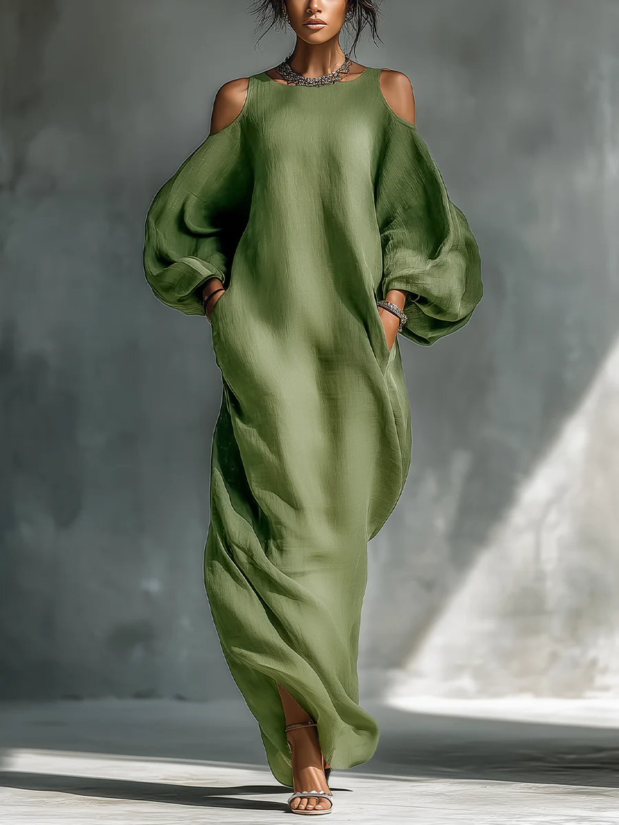 Green Off-shoulder Oversized Puff Sleeve Maxi Dress